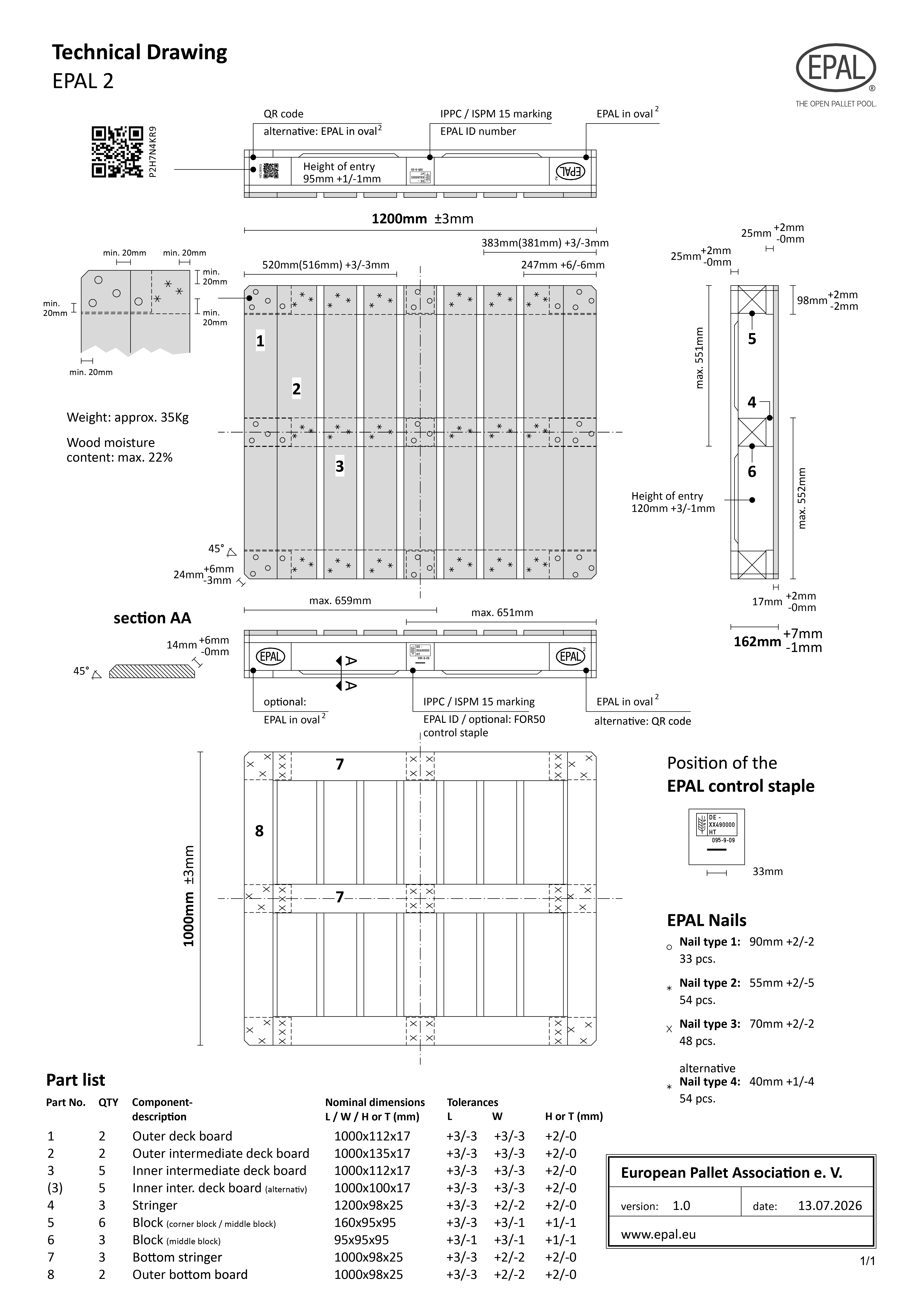 EPAL 2 Pallet technical drawing