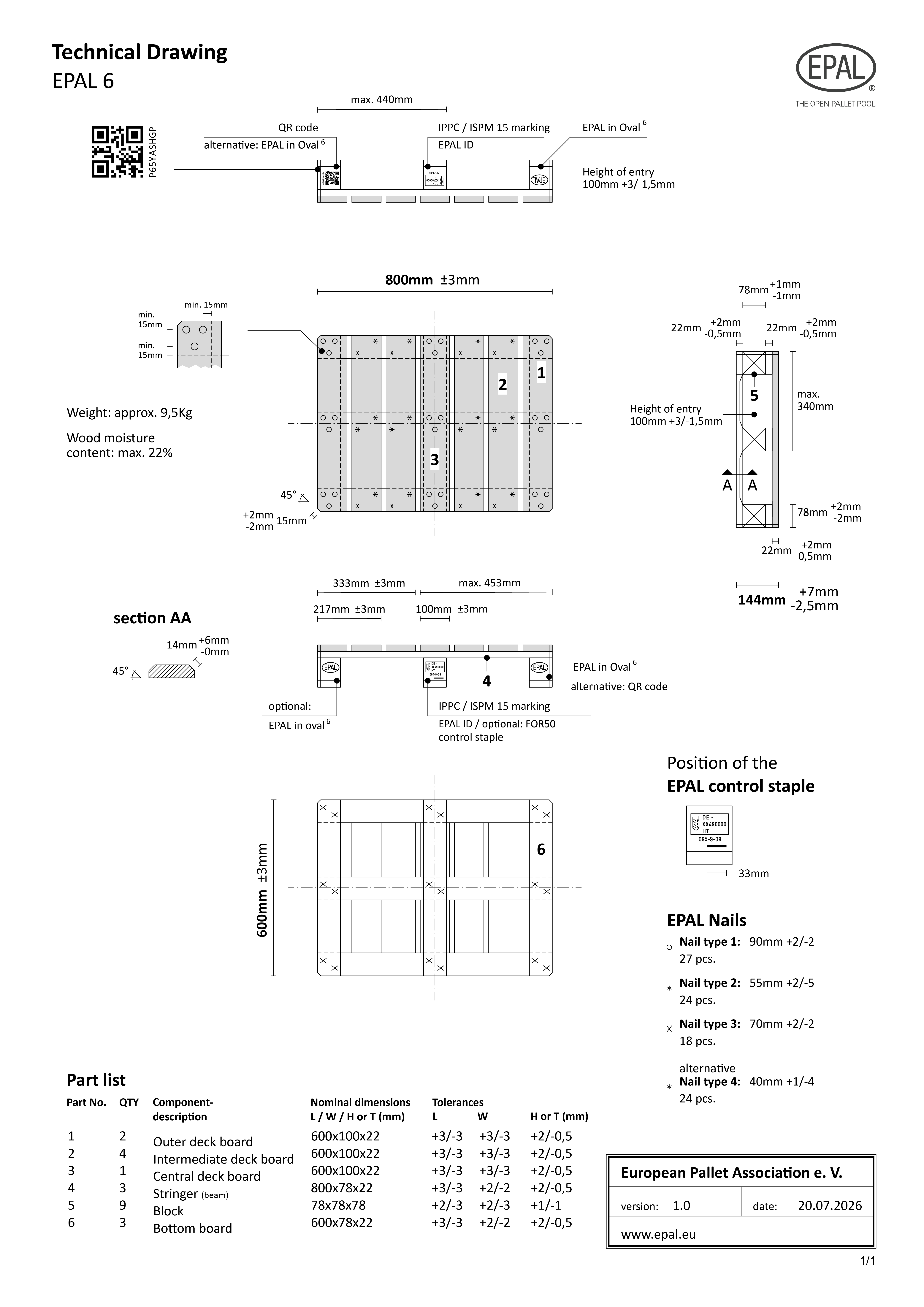 EPAL 6 Half Pallet technical drawing